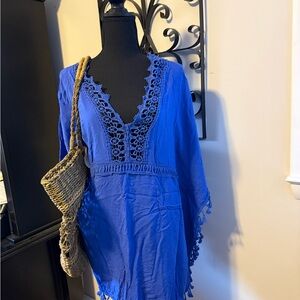 Blue Crochet Trim Swim Coverup
